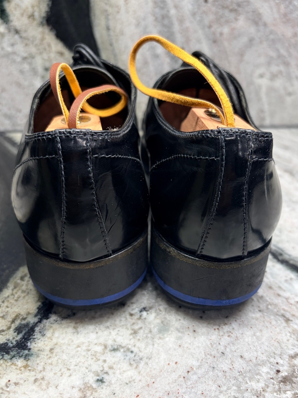 Prada Black Leather Derby Shoes Blue Rubber Sole Women’s EU 37 US 7 Italy - Picture 4 of 11